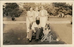 Bearded Man Seated Near Collie and 3 Women Outdoors Benton Harbor, MI House of David Postcard Postcard Postcard