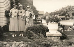 Three Women, Smiling, Standing Near Large Flower Pot Postcard