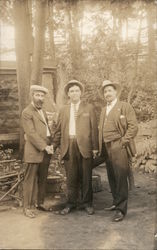 Three Men Wearing Suits and Hats Outdoors Near Trees Benton Harbor, MI House of David Postcard Postcard Postcard