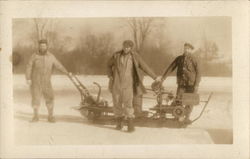 Three Men in Winter Near Piece of Machinery Postcard