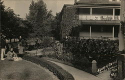 Hedge-Lined Sidewalk, Three Men and Dog on Left Postcard