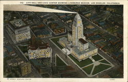 City Hall and Civic Center Showing Lindbergh Beacon Los Angeles, CA Postcard Postcard Postcard