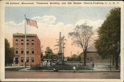 Soldiers' Monument, Telephone Building and Old Quaker Church Postcard