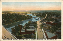 Bird's Eye View, Showing Lincoln Way East, St. Joe River and Howard Park South Bend, IN Postcard Postcard Postcard