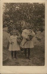 Two Young Girls in White Dresses, One Holding Kitten Children Postcard Postcard Postcard