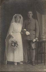 Bride in White Dress with Bouquet and Soldier in Uniform Marriage & Wedding Postcard Postcard Postcard