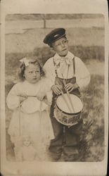 Little Girl with Doll Puppet, Little Boy With Marching Drum Children Postcard Postcard Postcard