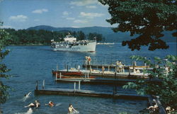 Bolton Landing - People Swimming, Boats and Docks Postcard