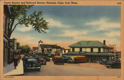 Depot Square and Railroad Station. Hyannis Cape Cod, MA Postcard Postcard Postcard