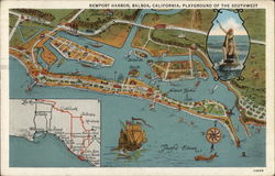 Map of Newport Harbor Balboa, CA Postcard Postcard Postcard