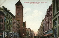 Broadway Looking South, City Hall to Left Los Angeles, CA Postcard Postcard Postcard