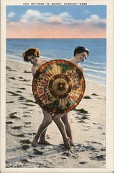 Sun Bathers in Sunny Florida - Two Women Behind Umbrella Postcard