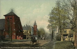 Main Street Showing Universalist and Catholic Church Amesbury, MA Postcard Postcard Postcard