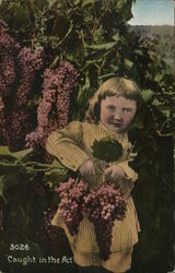 "Caught in the Act" - Girl Holding Two Bunches of Grapes Girls Postcard Postcard Postcard