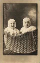 Portrait of Two Babies in Basket Postcard