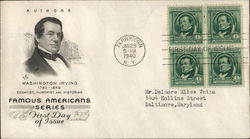 Famous Americans Series - Authors - Washington Irving 1783 - 1859 Essayist,Humorist & Historian First Day Cover