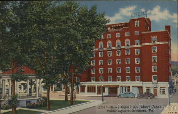 Hotel Emery and Music Stand, Public Square Bradford, PA Postcard