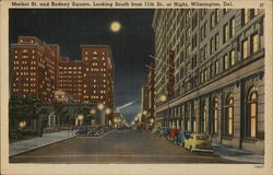 Market St. and Rodney Square, Looking South from 11th St. at Night Postcard