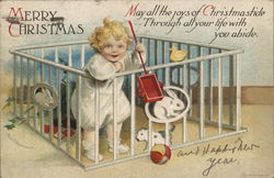 Merry Christmas - Baby in Playpen Children Postcard Postcard Postcard