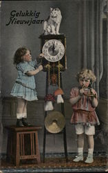 Two Children and Clock at Midnight Postcard Postcard Postcard