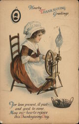 Woman Sitting at a Spinning Wheel - Hearty Thanksgiving Greetings Postcard