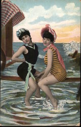 Two Women Playing on Beach Swimsuits & Pinup Postcard Postcard Postcard