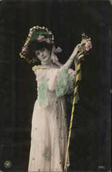 Woman Wearing Large Hat, Lacy Dress, Holding Tall Stick Women Postcard Postcard Postcard