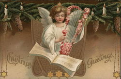 Angel Playing a Harp, Christmas Greetings Angels Postcard Postcard Postcard