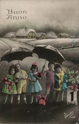 Italian Children Holding Umbrellas, Flowers Near Town in the Snow Postcard