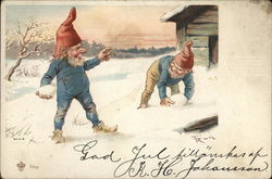 Two Gnomes Having a Snowball Fight Christmas Postcard Postcard Postcard