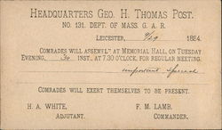 GAR Correspondence Card from Headquarters Geo. H. Thomas Post Leicester, MA Postcard Postcard Postcard