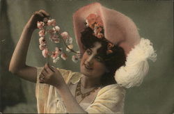 Woman Holding Strand of Pink Flowers, Hat with Large Plume Postcard