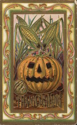 Jack O'Lantern and Ears of Corn Halloween Postcard Postcard Postcard