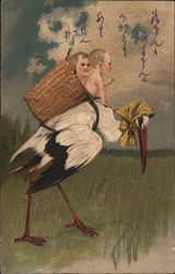 Stork with Babies - Japanese or Chinese Postcard