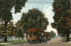 Two-Car Train in Street Beneath Trees, People Nearby Trolleys & Streetcars Postcard Postcard Postcard