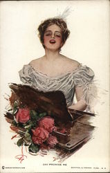 "Oh, Promise Me" - Woman Singing at Piano with Roses Postcard