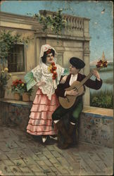 Man Playing Music on Guitar to Woman Couples Postcard Postcard Postcard