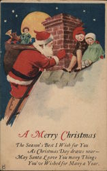 Two children meeting Santa on the roof. Postcard