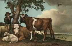 A Man with Barn Animals by a Tree Postcard