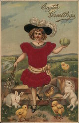 Girl holding Easter egg, with white bunnies and yellow chicks around her feet. Postcard