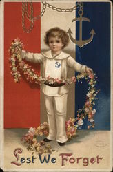 Boy Holding Flower Strand Near Chain and Anchor Postcard