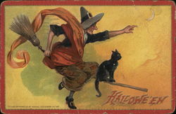 Halloween Witch and Black Cat Postcard Postcard Postcard