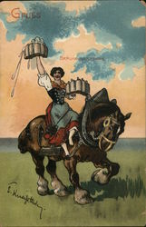 German Maid Serving Beer on Draft Horse Women Postcard Postcard Postcard