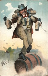 Man Walking on Barrell Holding Steins of Beer Men Postcard Postcard Postcard