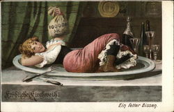 Girl Lying on Platter on Table Postcard