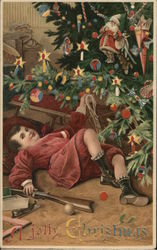 Boy Playing Under Christmas Postcard