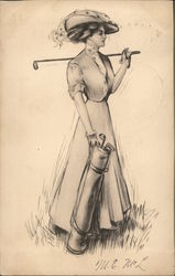 Sketch of Woman with Golf Bag and Clubs Postcard