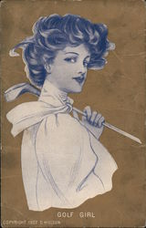 Woman with a golf club held over her shoulder. Postcard