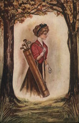 Woman Carrying Golf Club Bag Women Postcard Postcard Postcard