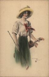 Pretty Woman with Golf Bag and Clubs Women Postcard Postcard Postcard